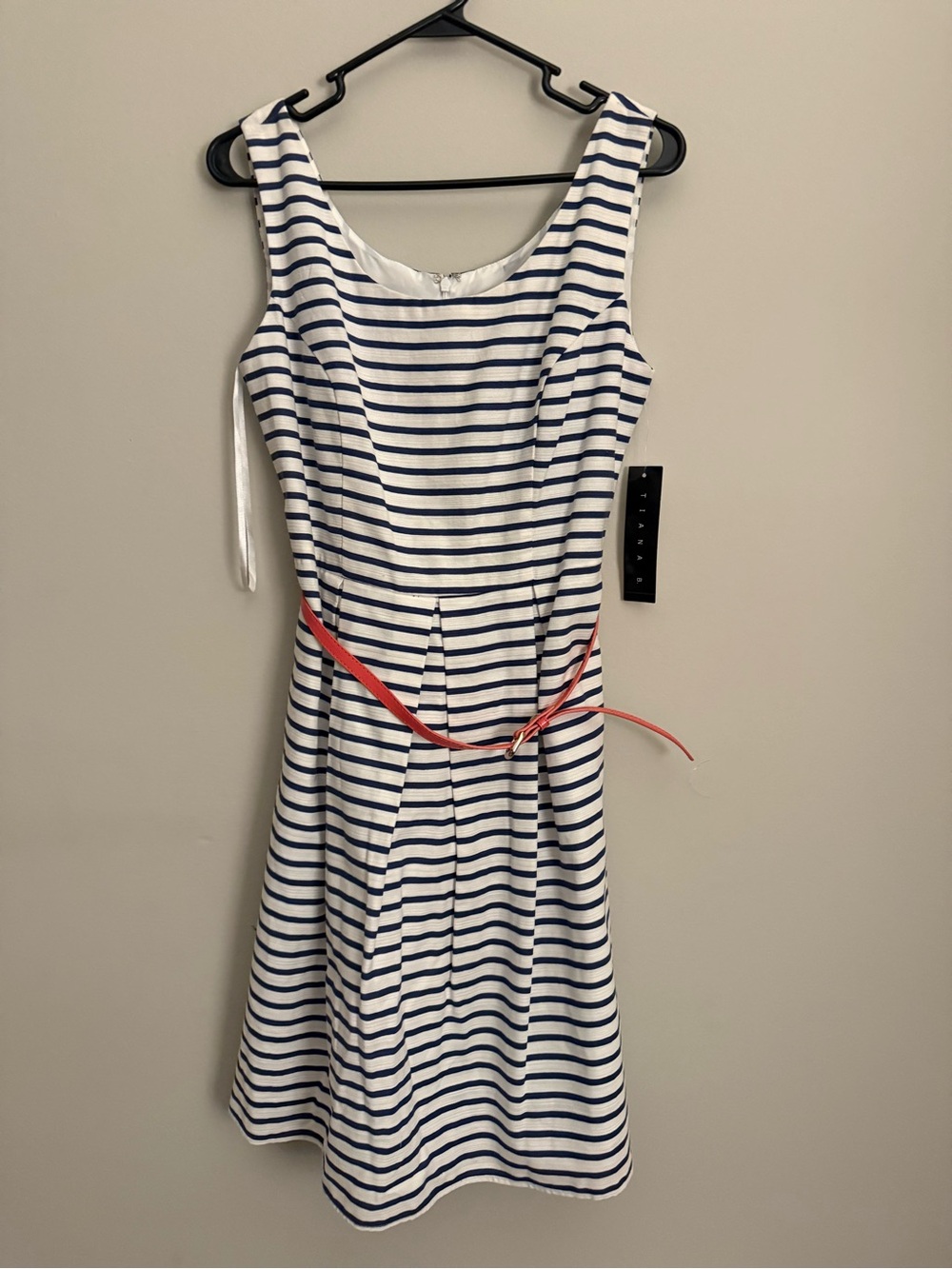 Tiana B. Navy & White Striped Midi Dress with Coral Belt